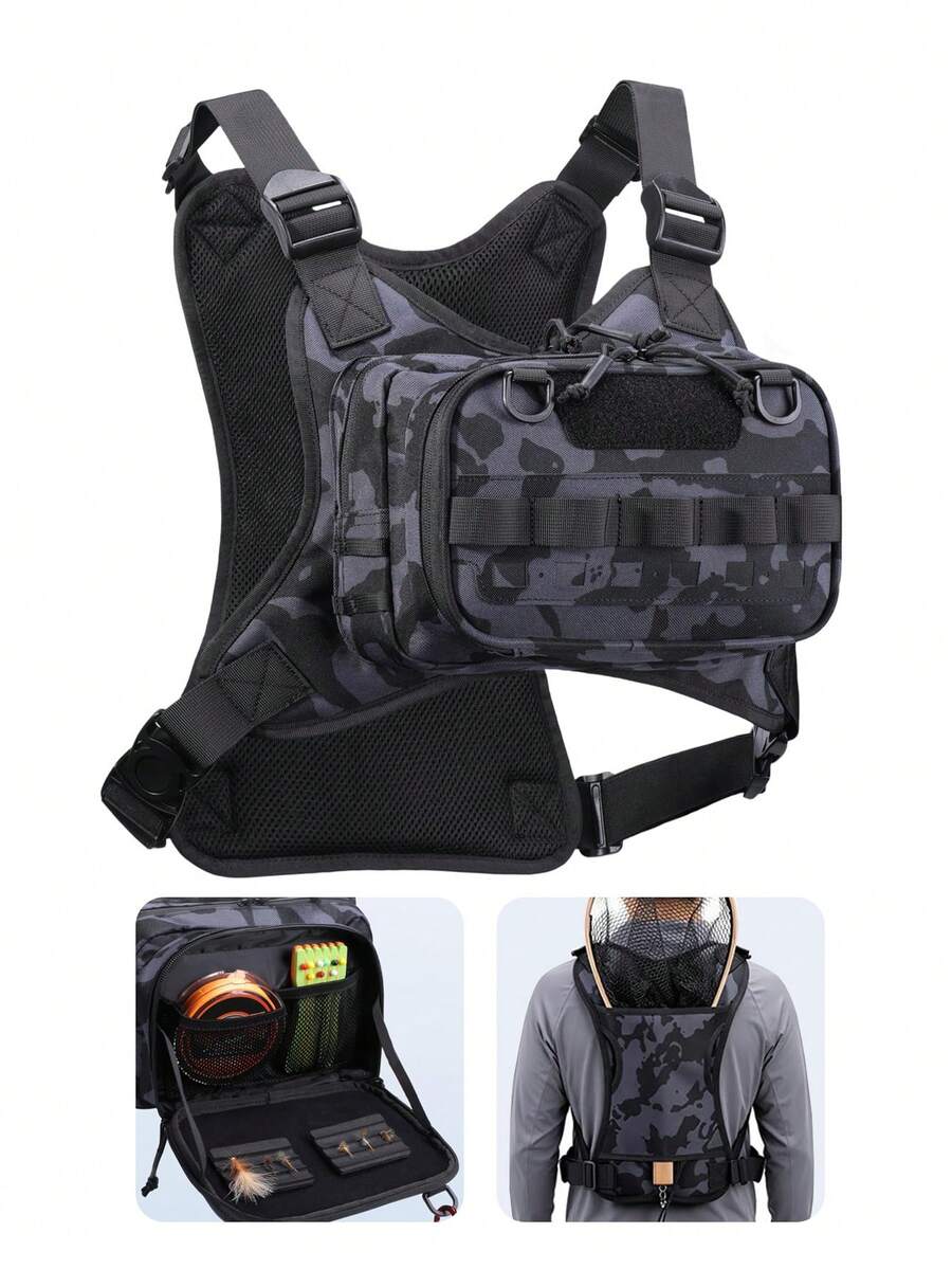 Men Fly Fishing Chest Vest Bag With Front Utility Zip-Down Workstation, Camo Tactical Harness Backpack, Water Bladder Compatible Multi Pocket Fishing Tackle Pack - Camouflage Blue - View 1