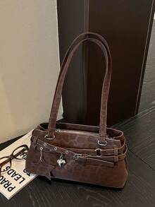 Shoulder Bag, Horizontal Body Design, Single Wide Strap, Body Decorated With Multiple Leather Buckles, Pendant Includes Heart And Five-Pointed Star Shapes. Body Features Printed Texture, Unique Style, Moderate Capacity, Can Store Personal Items, Versatile For Daily Outings. - Coffee Brown - View 4