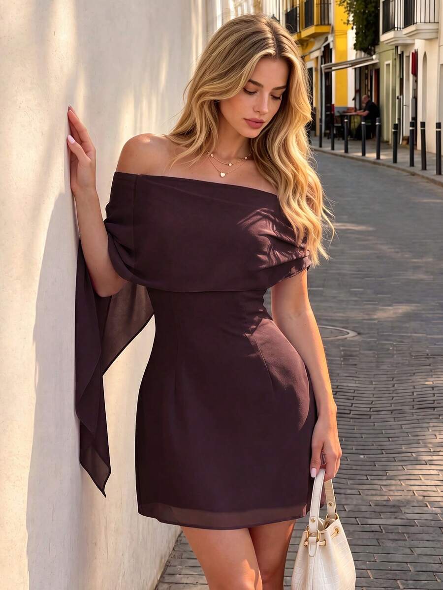 Women Elegant Off‑Shoulder Mini Dress, Chiffon Draped Ruffle Bodycon Short Party Dress - Red Violet - View 1