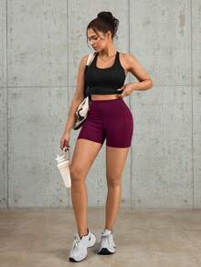 1pc Fashion New Wide Waistband Non-Curling Shaping Sports Shorts, With Phone Storage Pocket, Soft Elastic Fabric, Gym Training, Daily Wear Tight Leggings - Burgundy - View 7