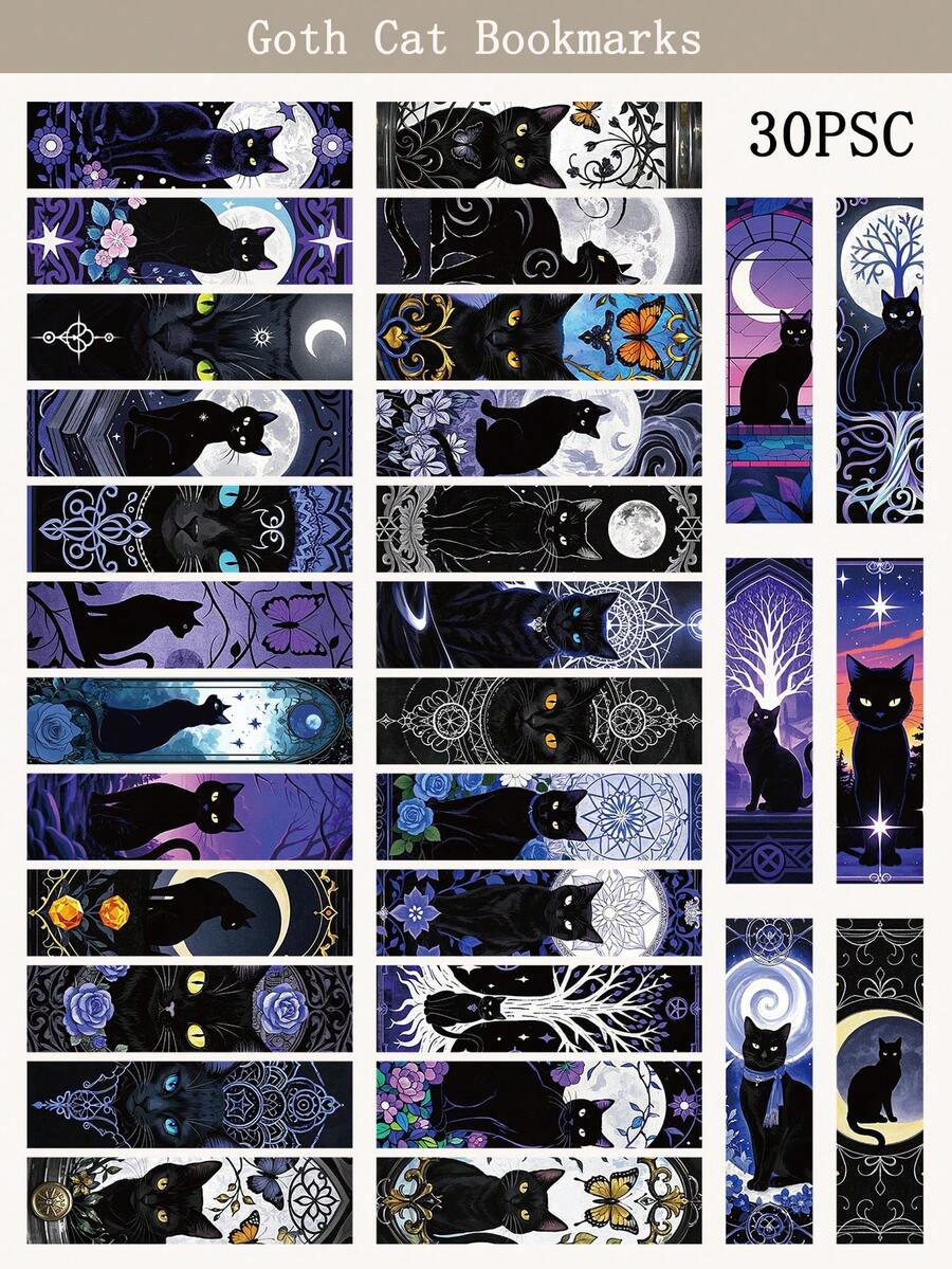 30pcs Goth Cat Bookmark Cartoon Reading Pages, Book Label Decorations, Creative Gifts For Students, DIY Page Label Bookmarks, Back To School Decor - Goth Cat Bookmark - View 1