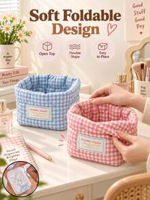 Checkered Storage Basket/Collapsible Storage Bin; A Versatile Desktop Organizer Suitable For Skincare Products, Cosmetics, And Small Items. Ideal For Home Decor And School Use; Perfect For Bedrooms, Living Rooms, And Bathrooms. - Multicolor - View 11