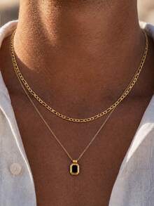 2pcs Fashion Minimalist Geometric Pendant Necklace, Stainless Steel Necklace Set, Casual Style Accessory, Unisex, Ideal Gift For Men - Yellow Gold - View 6