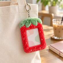 1pc Strawberry Plush Photo Card Holder Pendant, Soft Fluffy 3-Inch Idol Card Storage Bag, Cute Aesthetic Photo Card Display Storage Charm, Suitable For Fans - Multicolor - View 1
