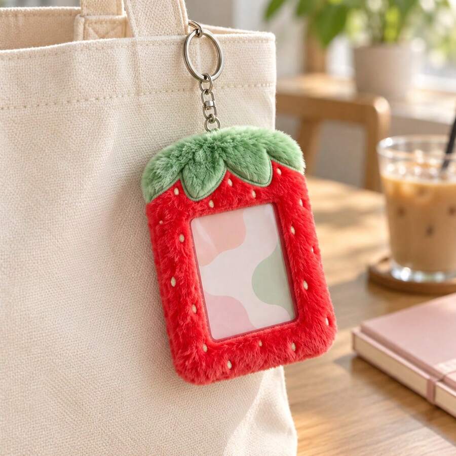 1pc Strawberry Plush Photo Card Holder Pendant, Soft Fluffy 3-Inch Idol Card Storage Bag, Cute Aesthetic Photo Card Display Storage Charm, Suitable For Fans - Multicolor - View 1
