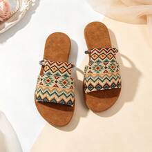 Vintage Geometric Print Woven Strap Flat Slip-On Sandals For Women, Beach Vacation Outdoor Wear And Home Slippers - Multicolor - View 2