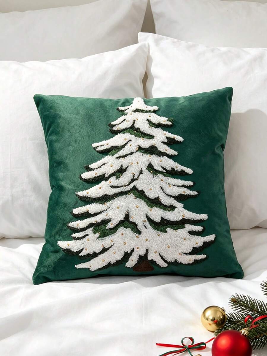 1 vỏ gối ôm/vỏ đệm cây thông Noel, phù hợp cho sofa, phòng ngủ và trang trí lễ hội, thiết kế khóa kéo ẩn, có thể giặt máy (không kèm ruột gối) - Màu xanh lá cây đậm - Xem 1