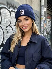 1pc Custom A-Z Embroidered Letter Ribbed Knit Beanie,Unisex Y2K Streetwear Aesthetic, Winter Warm Soft Outdoor Ski Commute Cap, Christmas New Year - Navy Blue - View 5