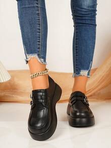 Women's New All-Season Thick Sole Loafers, Round Toe Slip-On, Minimalist Fashion Campus Style, Solid Color - Black - View 5