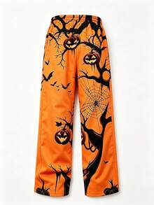 Halloween Aesthetic Orange Pumpkin Bat Spider Web Print Elastic Waist Band Pants, Dark Ghost Tree Pattern Loose Casual Holiday Party Pants - Orange - View 4