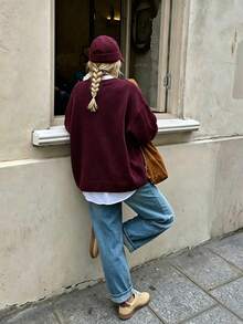 FOR BEAUTY Fall Winter Women Sweaters Y2K Preppy Burgundy Crew Neck Knit Tops Loose Drop Shoulder Pullover Long Sleeve Streetwear Outfits Clothes - Wine Red - View 5
