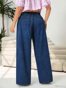 Plus Size Straight Leg Wide Leg Women's Jeans, Solid Color Denim Fabric Washed Denim Straight Leg Wide Leg Jeans, Suitable For Daily, Holiday, College, All Seasons - Blue - View 5