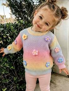 Girls Cute Gradient Color Embroidered Knit Pullover Sweater, Suitable For Vacation, Daily Wear, Spring, Autumn, Winter - Pink - View 6