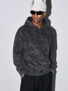 Modcrash Men's Washed Tie-Dye Hoodie, Casual Loose Fit, Vintage Street Style Sweatshirt Fall/Autumn/Winter - Black - View 1