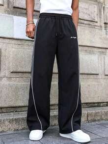 Black & Grey Colorblock Techwear Cargo Pants For Men, Elastic Drawstring Waist, White Trim Hem Design, Small Logo Print, Loose Straight Leg Wide Leg Pants, Versatile For Daily Wear And Sports, Unisex - Black - View 6