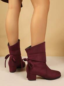 Women's Fashion Chunky Heel Comfortable Casual Ankle Boots With Back Butterfly Design, Suitable For Matching Skirts And Pants - Burgundy - View 5