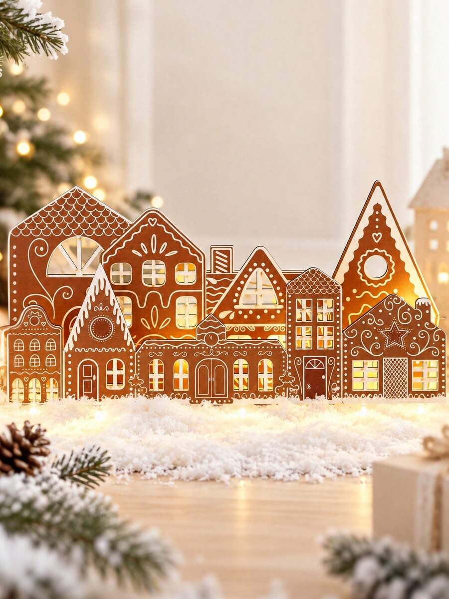 1 Set Christmas Gingerbread House Decor, Christmas Gingerbread House With LED Lights, Farmhouse Country Style Christmas Tabletop Decor, Wooden Gingerbread Village Centerpiece, Suitable For Fireplace Mantel Shelf, Christmas Fireplace Home Decor - Multicolor - View 1