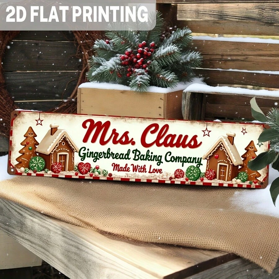 2D Flat, 1pc Vintage Mrs. Claus Gingerbread Bakery Metal Sign, Christmas Selection, Holiday Decoration, Gingerbread House Inspired Wall, For Christmas Decor, Kitchen, Home, Living Room, Decorative Sign (Random Style) - A - View 1