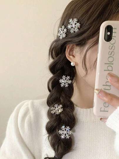10/5pcs Women's Snowflake Faux Pearl Hair Clips, Fashion Bangs Clips, Suitable For Daily Wear, Perfect Gift For New Year And Christmas, Autumn/Winter Atmosphere Hair Clips