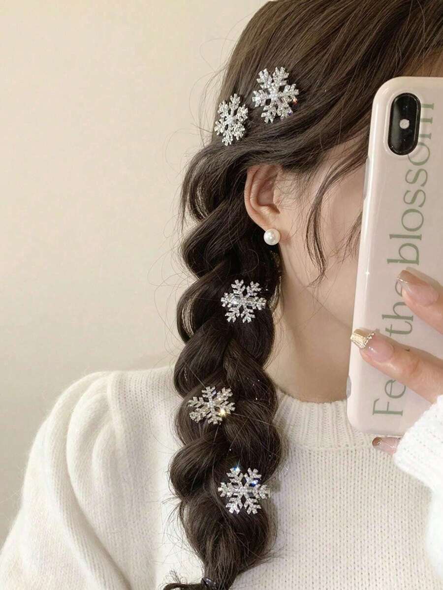 10/5pcs Women's Snowflake Faux Pearl Hair Clips, Fashion Bangs Clips, Suitable For Daily Wear, Perfect Gift For New Year And Christmas, Autumn/Winter Atmosphere Hair Clips - Silver - View 1