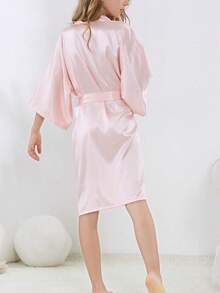 Girls' Comfortable Soft Japanese Style Small V-Neck 3/4 Sleeve Solid Color With Belt Knee-Length Nightgown, Loungewear, Morning Robe - Baby Pink - View 3