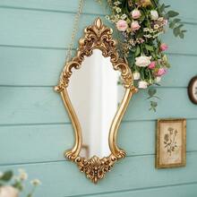 1PC European Vintage Style Gold Classical Floral Pattern Decorative Wall Mirror, Wooden Material Wall-Mounted Makeup Mirror, Indoor Cozy Wall Decor Home Art Hanging Mirror, Mid-Century Chain Hanging Decorative Mirror, Suitable For 3D Wall Decor, Wedding Room Wall Hanging, Bedroom Makeup Mirror, Entryway Wall Hanging, Fireplace Decoration, Housewarming Soft Furnishing Gift - A - View 3