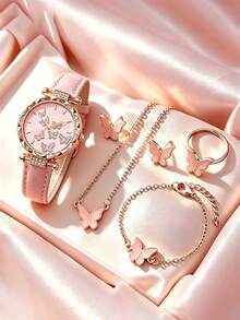 6pcs/Set Pink Butterfly Decor Cute Girls Watch Set, Daily - Pink - View 6