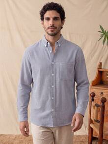 glestore Men's Retro-Style Blue-And-White Striped Long-Sleeve Shirt, Fashionable And Versatile For Commuting And Formal Wear - Blue and White - View 5