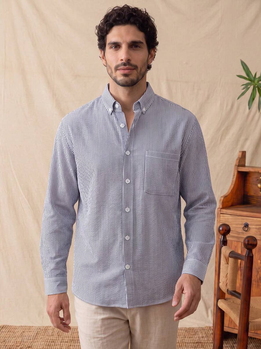 glestore Men's Vintage Blue & White Striped Long Sleeve Shirt, Fashionable & Versatile, Suitable For Commute And Formal Occasions - Blue and White - View 1