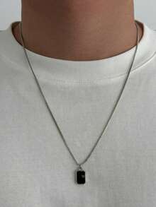 1pc Minimalist Men's Black Square Stone Pendant Necklace, Box Chain Versatile Clavicle Chain, Daily & Party Wear Accessory For Men - White K - View 1