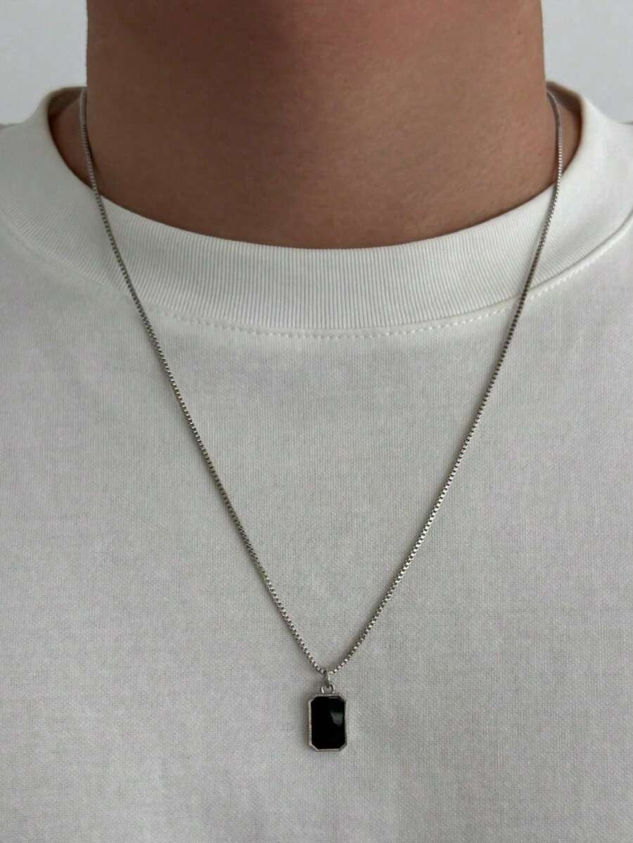 1pc Minimalist Men's Black Square Stone Pendant Necklace, Box Chain Versatile Clavicle Chain, Daily & Party Wear Accessory For Men - White K - View 1