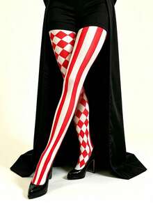 1 Pair Asymmetrical Mandarin Duck Pattern Tights, High Elasticity Breathable Knitted Fabric, Suitable For Halloween, Theme Party, Cosplay, Stage Show, Holiday Outfit, Personalized Eye-Catching Accessory - Red and White - View 5