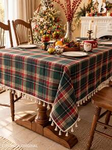 Bubaba Christmas Plaid Tassel Tablecloth, Green And Red Checkered Rectangular Tablecloth, Rustic Farmhouse Style Holiday Table Decor, Suitable For Christmas Party And Winter Home Decoration - Multicolor - View 6