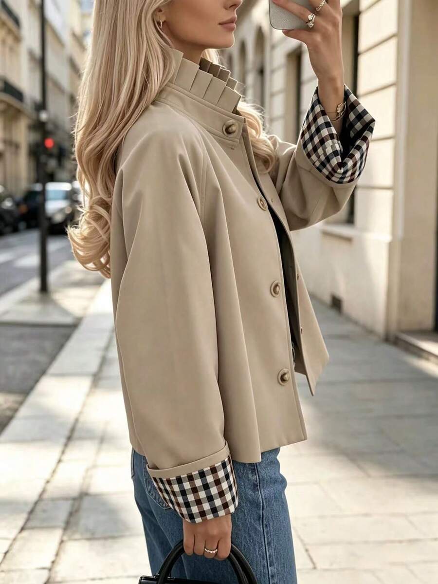 Solstice Apparel Women Khaki Pleated Stand Collar Short Trench Coat Plaid Lining Raglan Sleeve Button Casual Jacket - Khaki - View 1