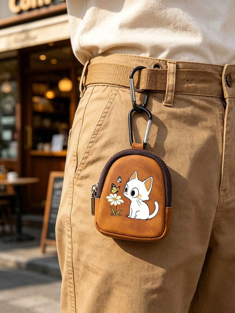 Cute White Cat & Butterfly Floral Print Mini PU Leather Coin Purse, Zipper Earphone Storage Bag With Carabiner Clip, Portable Key Holder, Wallet Bag, Gift - Multicolor - View 1