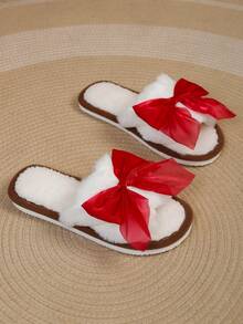 Sweet Pink Large Bow Plush Slippers Women Autumn Winter Warm Indoor Open Toe One-Strap Fuzzy Slippers - Red - View 3