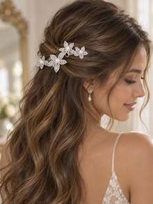 outingfit 1pc Fashion Rhinestone Flower Hair Comb Bridal Updo Accessory Handmade Luxury Full Rhinestone Pearl Hair Clip Headwear Versatile - Silver - View 1