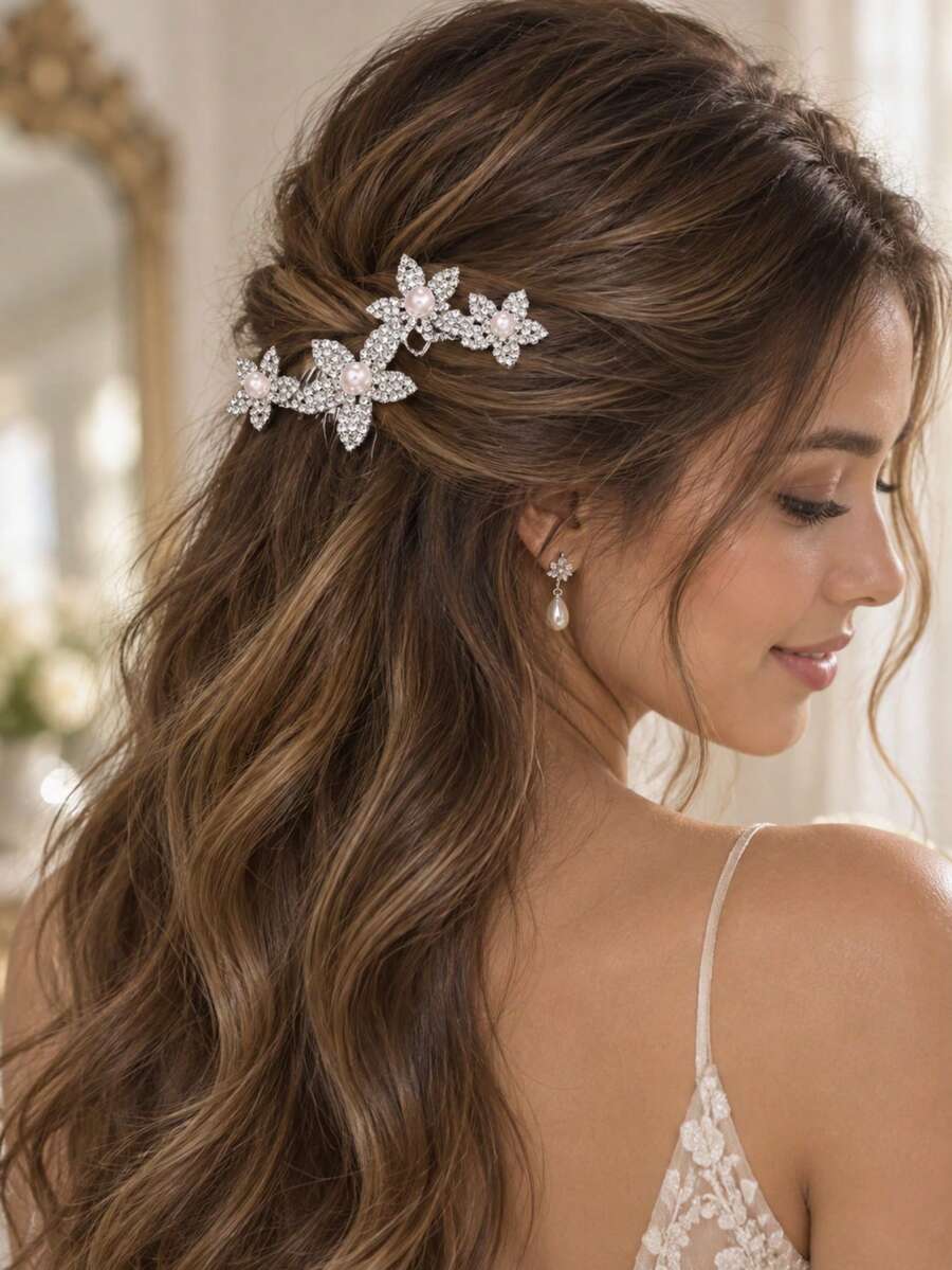outingfit 1pc Fashion Rhinestone Flower Hair Comb Bridal Updo Accessory Handmade Luxury Full Rhinestone Pearl Hair Clip Headwear Versatile - Silver - View 1