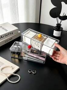 1pc Multi-Functional Desktop Cosmetic Storage Box, Colorful Ball Convenient Opening Handle, Thickened High-Transparency Dust-Proof Design, Freely Stackable Combination, Home Vanity Storage For Cotton Pads, Cotton Swabs, Lipsticks, Makeup Tools, Neat Storage Organizer - View 4