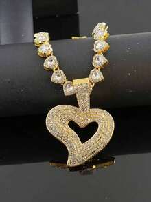 Personalized Asymmetrical Heart-Shaped Full Rhinestone Pendant Necklace, Heart-Shaped Rhinestone Chain, Hip-Hop Rap Style Couple Jewelry - Heart Pendant Necklace - View 5