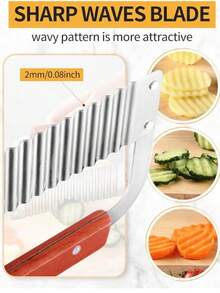 1/2pcs Vegetable Peeler And Wavy Slicer Set, Stainless Steel Wavy Vegetable Slicer With Wooden Handle, Potato Carrot Cucumber Peeling And Cutting Tool, Kitchen Food Preparation Cookware Set - Multicolor - View 6