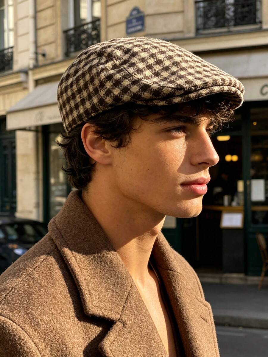OBOVAY 1pc Men's Wool Plaid Newsboy Cap, Autumn New Vintage Artistic Flat Cap, Suitable For Daily Streetwear - Multicolor - View 1