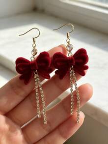 1 Pair Of Fashionable Personalities Bow Tassel Earrings Suitable For Wedding Parties And Gift Giving - Red - View 4