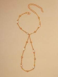 1pc Gold Personalized Design Asymmetrical Chain Metal Bead Rhinestone Finger Bracelet Women's Single Layer Hand Chain Jewelry Daily Wear Hand Accessory Gift - Gold - View 2