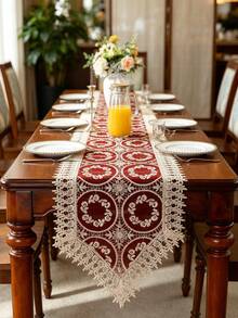 1 cái khăn trải bàn ren thêu hoa phong cách vintage 100% polyester, khăn trang trí bàn ăn móc rỗng, phong cách đồng quê Pháp, phù hợp cho bàn ăn, đám cưới, tiệc tùng, trang trí nhà cửa - Màu Đỏ Sâu - Xem 9