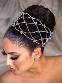 1Pc Elegant Rhinestone Mesh Hair Band Handmade Luxury Women Hair Accessory Bridal Headpiece For Wedding Party Prom - Silver - View 5
