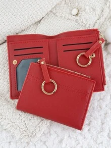 Women's Multifunctional Short Wallet With Zipper, Foldable Buckle Credit Card Storage Bag, Small Wristband Circle Decoration, Suitable For Outdoor Use - Red - View 5