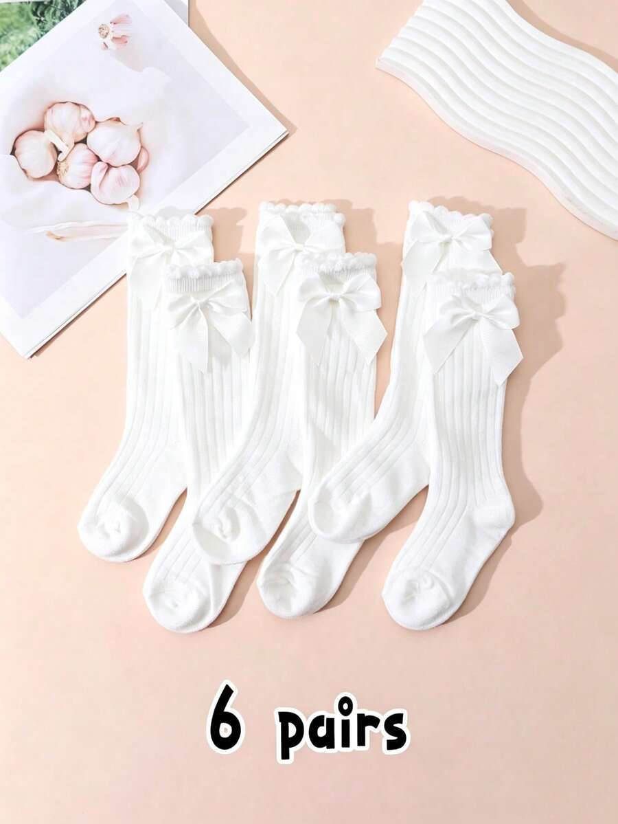 6雙女孩蝴蝶結純色高筒襪,校園風長襪 - 白色 - 查看 1