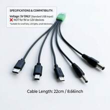 Cable de carga USB a DC de 5 en 1 con punta redonda, adaptador de alimentación universal de 5V para dispositivos con punta redonda DC2.0/DC2.5/DC3.5/DC4.0/DC5.5 - Multicolor - Ver 4