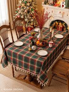 Bubaba Christmas Plaid Tassel Tablecloth, Green And Red Checkered Rectangular Tablecloth, Rustic Farmhouse Style Holiday Table Decor, Suitable For Christmas Party And Winter Home Decoration - Multicolor - View 10
